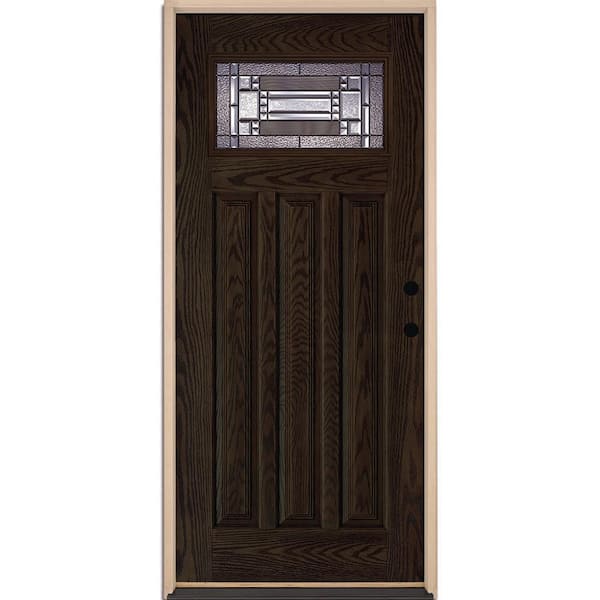 Feather River Doors 37.5 in. x 81.625 in. Preston Patina Craftsman 1/4 Lite Stained Walnut Oak LH Inswing Fiberglass Prehung Front Door