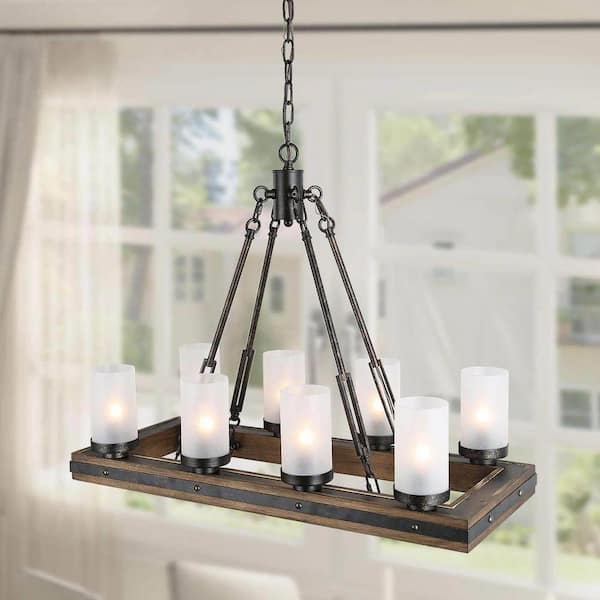 LNC Wood Chandelier, Rustic 8-Light Linear Farmhouse Black Chandelier Kitchen Island Pendant Light with Frosted Glass Shades