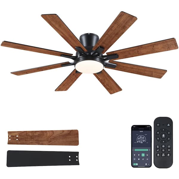 52 in. Indoor/Outdoor Flush Mount Brown Ceiling Fan with Integrated Dimmable LED Light and Remote/APP Control