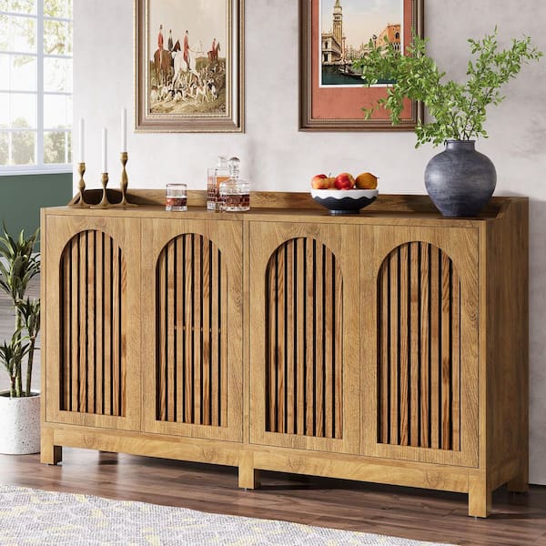 Ahlivia Light Brown 33.46 in.  H Accent Cabinet Storage Cabinet with 3-Shelves with Shutter Doors and Adjustable Shelf