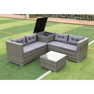 4-Piece Rattan Patio Conversation Set Outdoor Wicker Sectional Sofa Set with Table, Storage Box for Garden, Gray Cushion