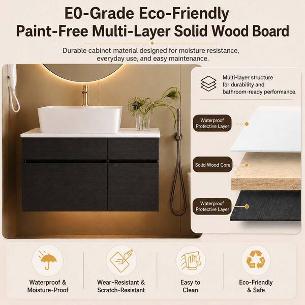 31.5 in. Single Sink Wall Mounted Black Bath Vanity with White Wood Top and Ceramic Vessel Sink (Self Assembly Needed)