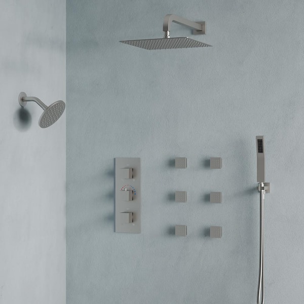 EVERSTEIN Triple Handles 8-Spray Patterns Wall Mount Handheld Shower Head 2.5 GPM in Brushed Nickel