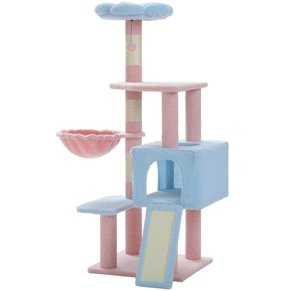 cenadinz Small Cat 47.3in Height Flower Cat Tree with Large Metal Frame Hammock Cat Condo Cat Tower in Blue