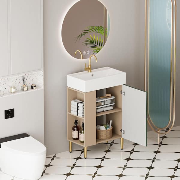 33 in.W Wood Open-Shelving Bathroom Vanity Cabinet with Ceramic Sink and Soft-Closing Door in Green