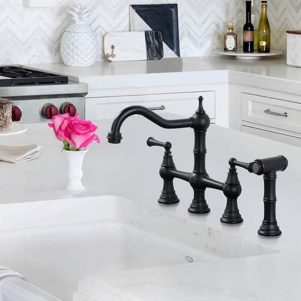 Classic Double Handle Bridge Kitchen Faucet with Side Sprayer in Matte Black