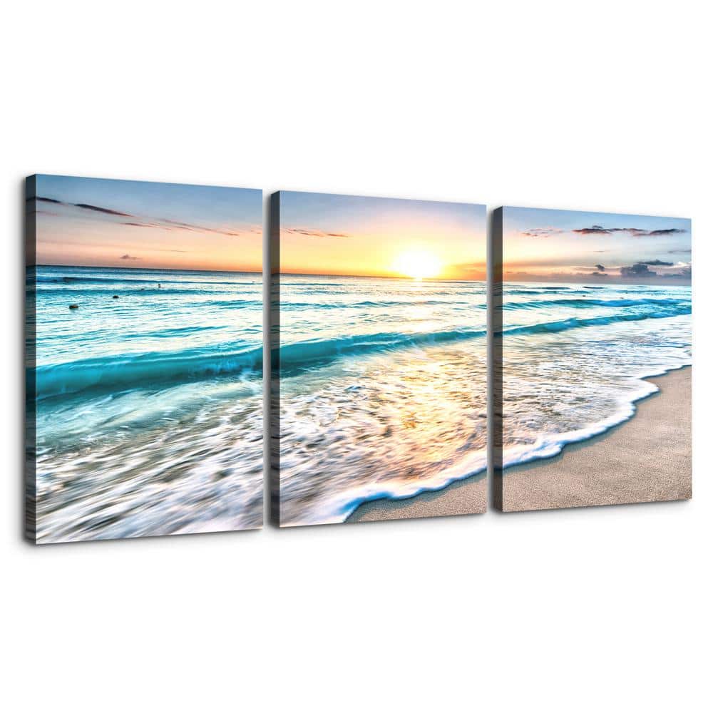 Canvas Wall Art 3-Panels Framed Sea Wave Art Print 24 in. x 36 in.