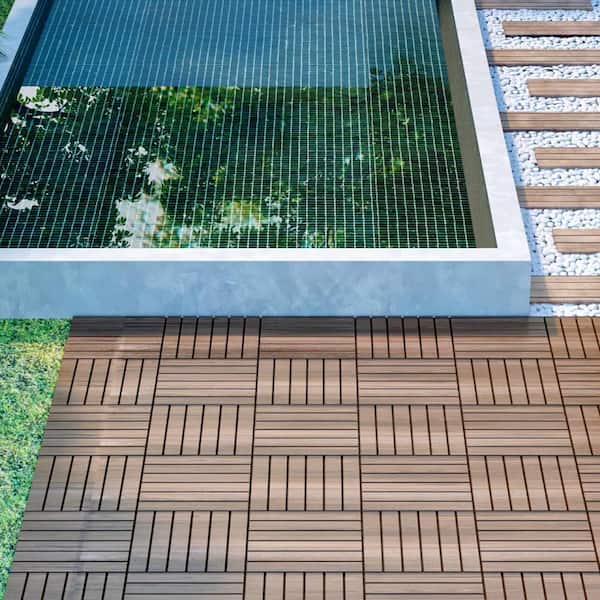 10 PCS Interlocking Deck Tiles Striped Pattern, 12" x 12" Square Acacia Hardwood Outdoor Flooring for Patio, Bancony
