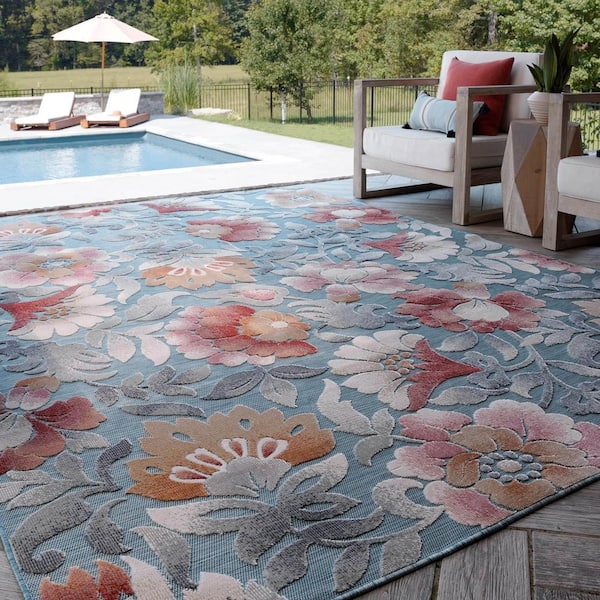 Bliss Rugs Transitional 5x7 Area Rug (5'1'' x 7'3'') Floral Aqua, Light Red Indoor Outdoor Rectangle Easy to Clean