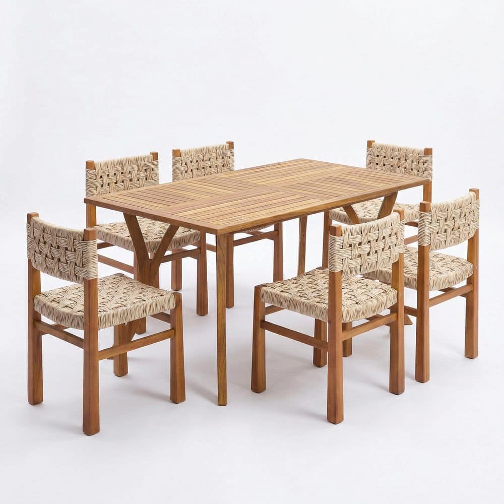 Ulf 7-Piece Rectangle Teak Solid Wood Top Dining Table Set Seats 6