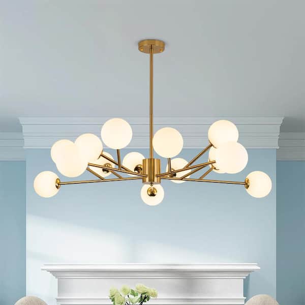RRTYO Higginsville 15-Light Farmhouse Gold Sputnik Sphere Linear Pendant Chandelier with White Jade Glass Shade