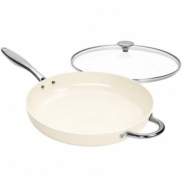 White 14 in. Omelette Pans with Lid, Ceramic Skillet with Nonstick Coating, Non Stick Fry Pan, Induction Compatible