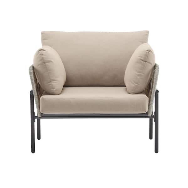 36 in. Grey Rope Iron Lounge Chair with Beige Plush Cushions