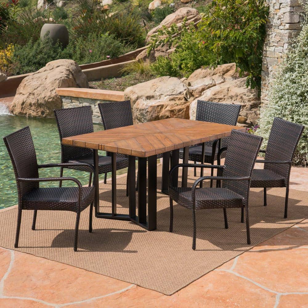 Noble House Fossili Multi-Brown 7-Piece Faux Rattan Outdoor Dining Set 41599 - The Home Depot