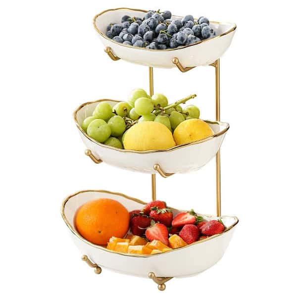 1 Piece 3-Tier Gold-Rimmed Ceramic Fruit Bowl with Gold Metal Stand, Kitchen Counter Organizer for Snacks and Fruits