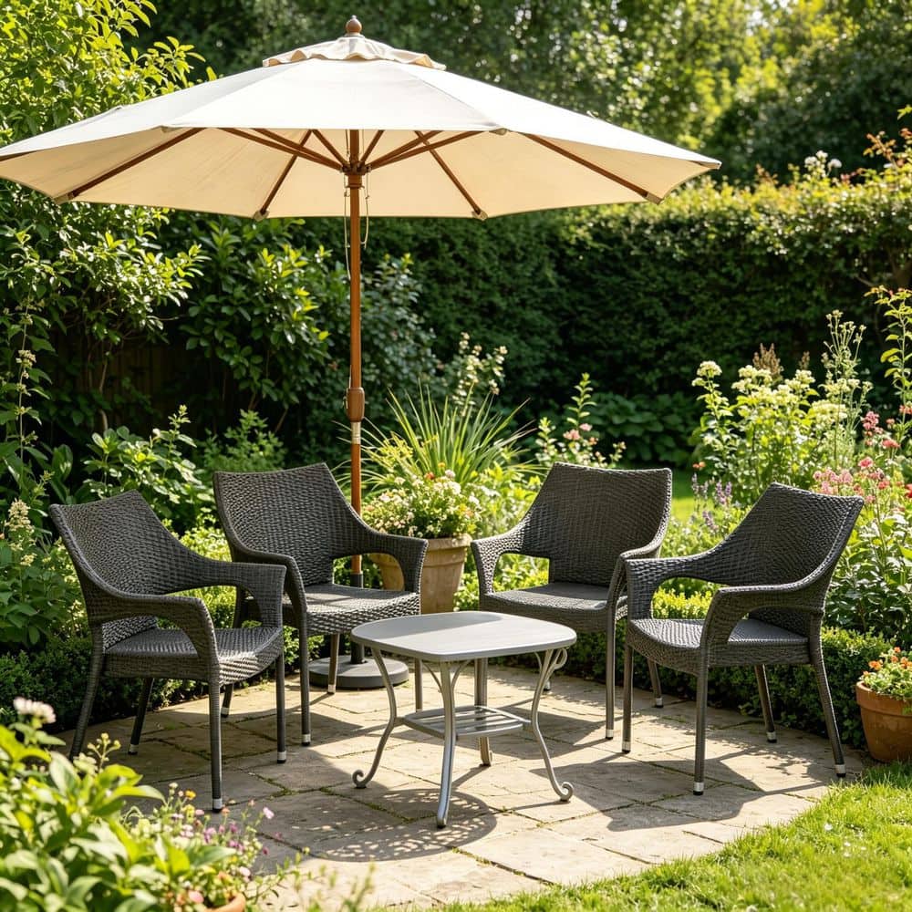 Four gray wicker chairs and a small table under a large cream patio umbrella.
