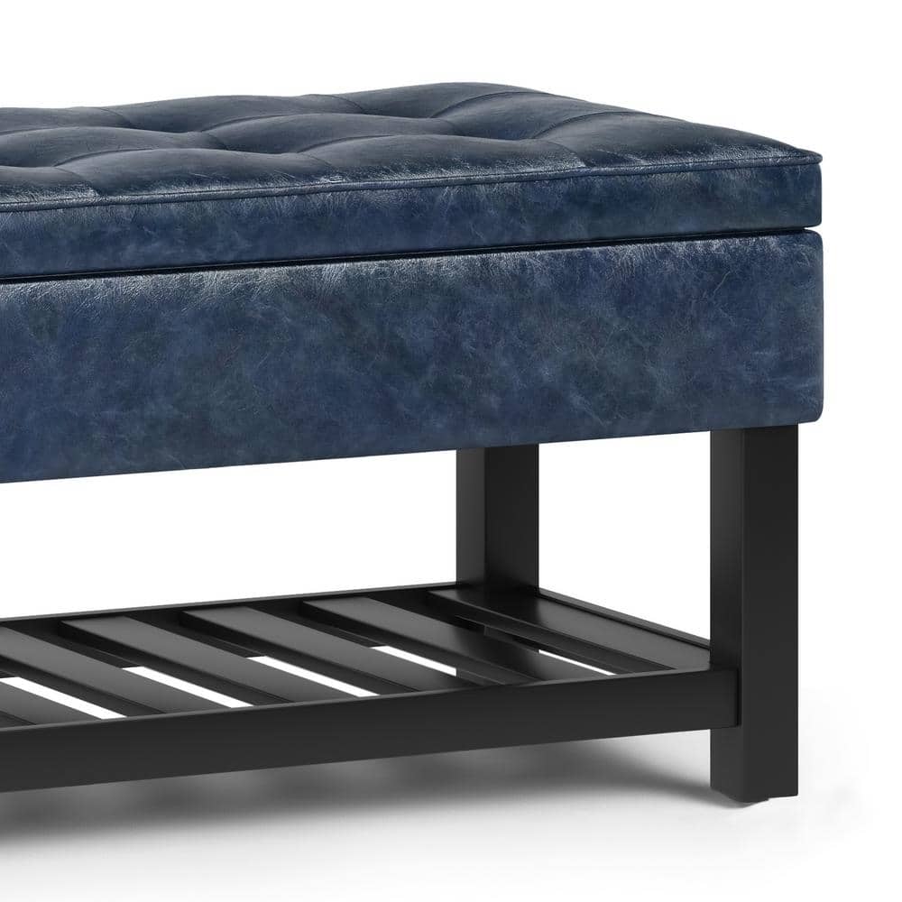 Denim Blue Faux Leather Tufted Ottoman Bench with Open Storage