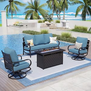 Metal 5 Seat 4-Piece Outdoor Patio Conversation Set with Denim Blue Cushions, Swivel Chairs, Rectangular Fire Pit Table