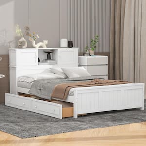 White Wood Frame Full Size Platform Bed with Storage Headboard and 2 Drawers