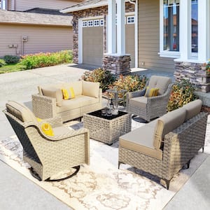 Thor 8-Piece Wicker Patio Conversation Seating Sofa Set with Biege Cushions and Swivel Rocking Chairs