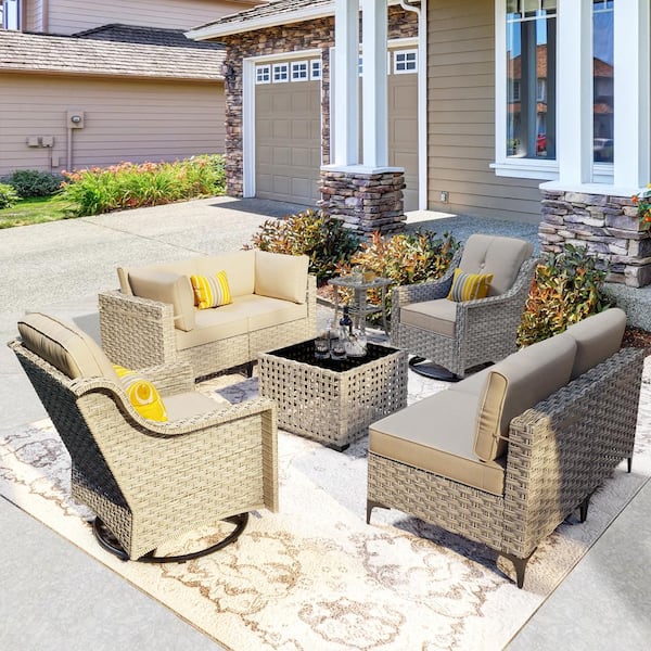 XIZZI Thor 8-Piece Wicker Patio Conversation Seating Sofa Set with Biege Cushions and Swivel Rocking Chairs