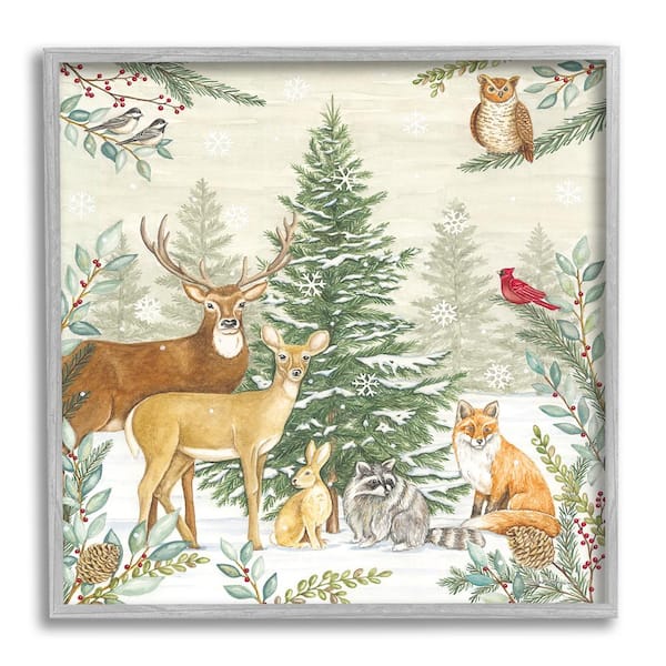 Stupell Industries Woodland Animals in Winter by Deb Strain 1-Piece Framed Graphic Print Animal Poster Art Print 12 in. x 12 in.