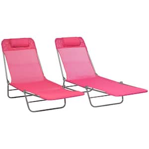2 Piece Metal Outdoor Chaise Lounge with 6 Position Reclining Back, Breathable Mesh Seat, Headrest and Red Cushions