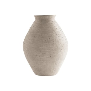 Beige Round Polyresin Vase with Tightly Ribbed Texture