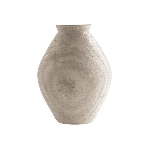 Benjara Beige Round Polyresin Vase with Tightly Ribbed Texture