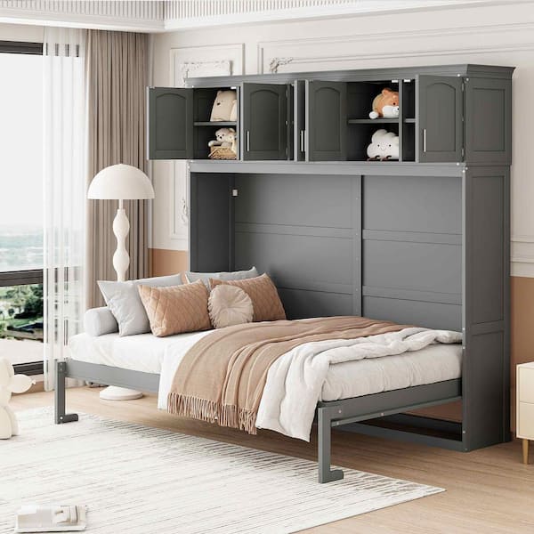 Gray Wood Frame Queen Murphy Bed with Top Cabinets