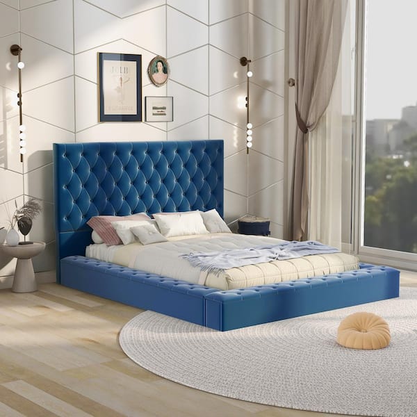 GOJANE 80.00 in. W Blue Full Size Upholstery Low Profile Storage Platform Bed with Storage Space on both Sides and Footboard
