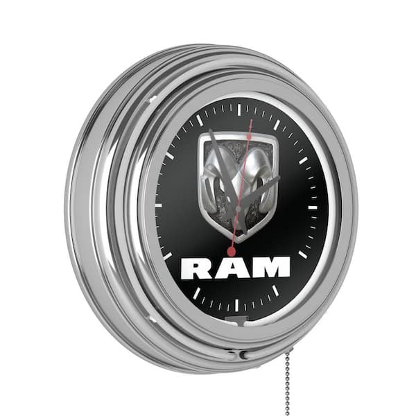 RAM Neon Wall Clock Logo Black and White with Pull Chain-Pub Garage or Man Cave Accessories Double Rung Analog Clock