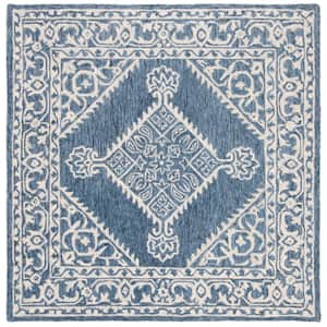Micro-Loop Blue/Ivory 5 ft. x 5 ft. Square Floral Border Medallion Area Rug