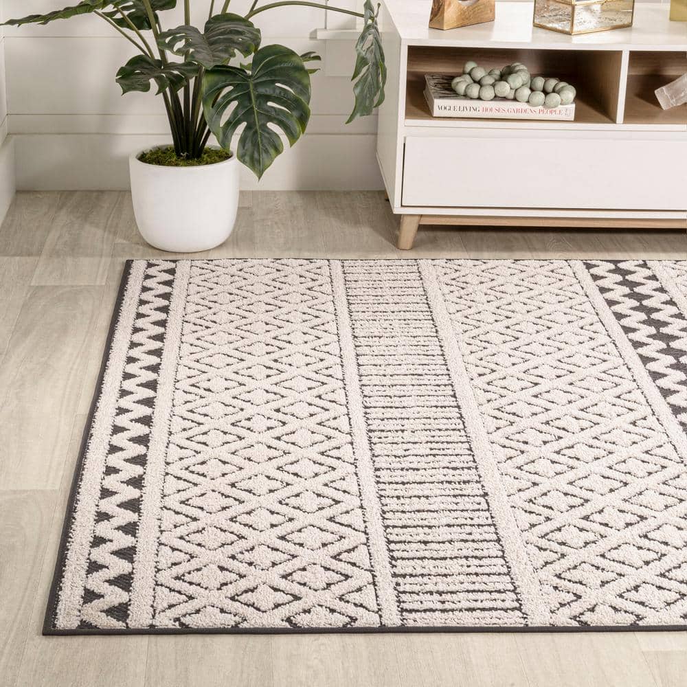 Cream and Black Geometric Synthetic Indoor/Outdoor Area Rug