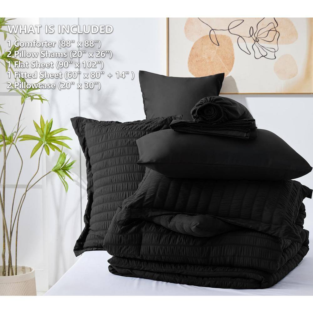 Full Black Microfiber Seersucker Comforter Set with Sheets