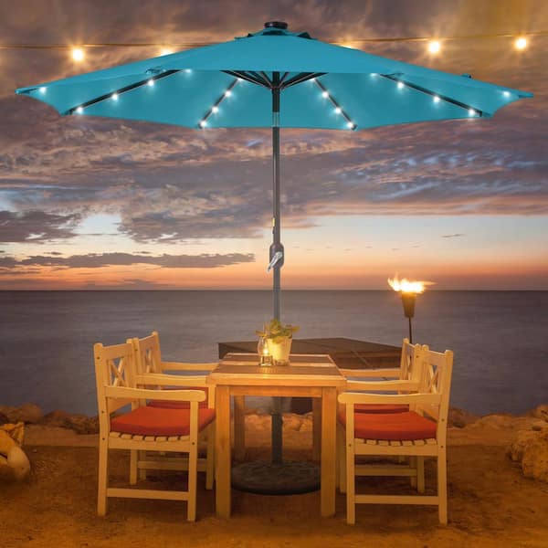 9 ft. Octagon Market Patio Umbrella Solar LED with Tilt Function Patio Market Umbrella in Turquoise