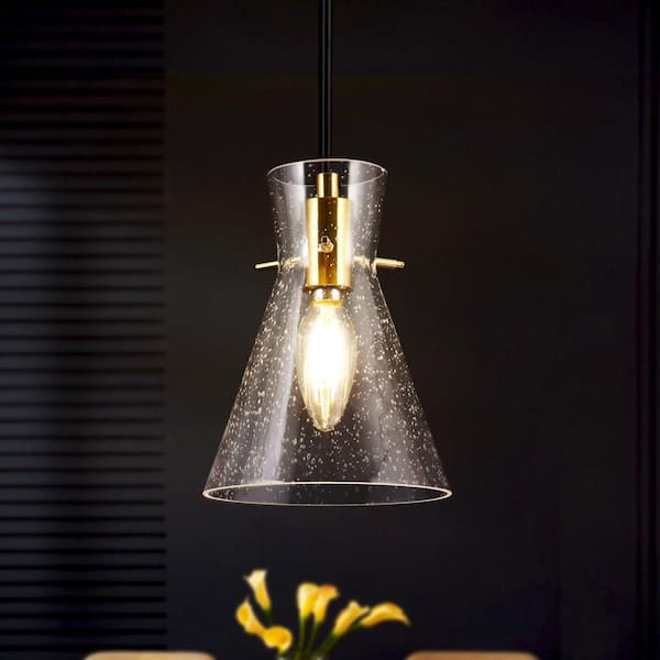 Uolfin Modern Electroplated Brass Kitchen Island Pendant Light 1-Light Funnel Pendant Light with Seeded Glass Shade