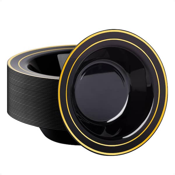 50-Pack 12 fl. oz. Black Plastic Bowls with Gold Rim, Disposable Soup & Dessert Bowls for Weddings, Parties, Dinners