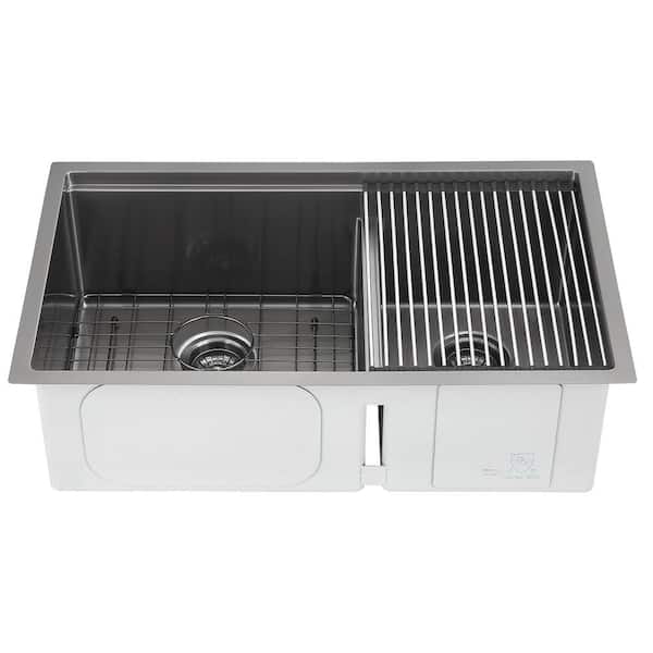 Ancona Stainless Steel 32 in. Double Bowl Undermount Kitchen Sink with Grid and Roll-Up Mat in PVD Gunmetal