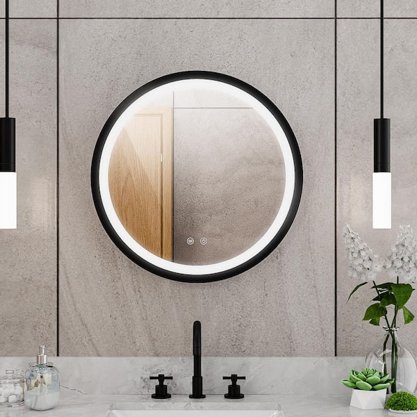 Brilliance 24 in. W x 24 in. H Round Frameless Light-up Wall Mounted Bathroom Vanity Mirror in Matte Black
