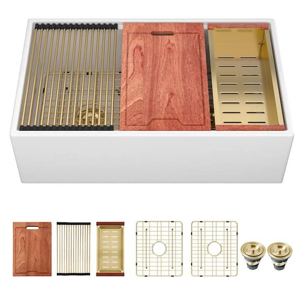 33 in. Farmhouse Apron Double Bowl Round Corner Ceramic Workstation Kitchen Sink with Sink Grids and Basket Strainers