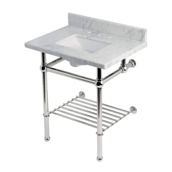 Kingston Brass Templeton 30 in. Marble Console Sink with Brass Legs in Carrara Marble/Polished Nickel
