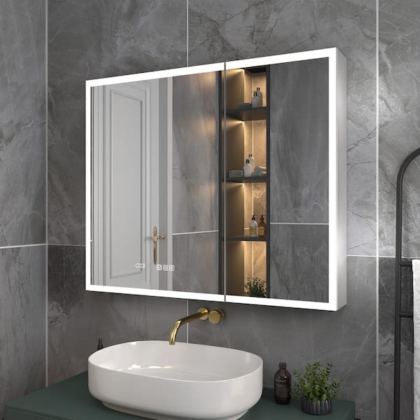 36 in. W x 30 in. H Rectangular Silver Aluminum Recessed/Surface Mount Medicine Cabinet with Mirror, LED and Clock