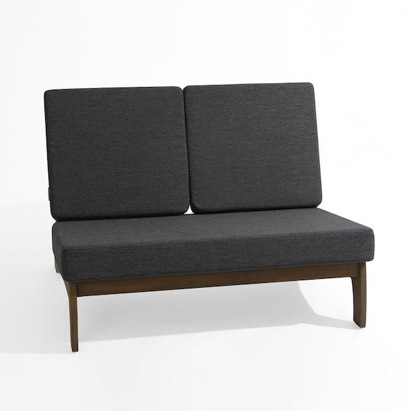 Brown Wood Outdoor Patio Loveseat with Dark Grey Cushions