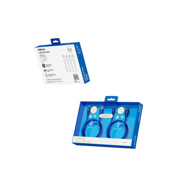 Emerald 6Ft and 10Ft Lightning to USB-A Braided Charging Cable Blue (2 Pack)