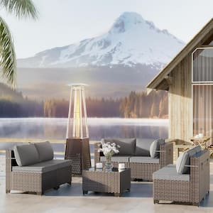 8-Piece Wicker Patio Conversation Set with 55,000 BTU Glass Tube Propane Pyramid Heater, Gray Cushion