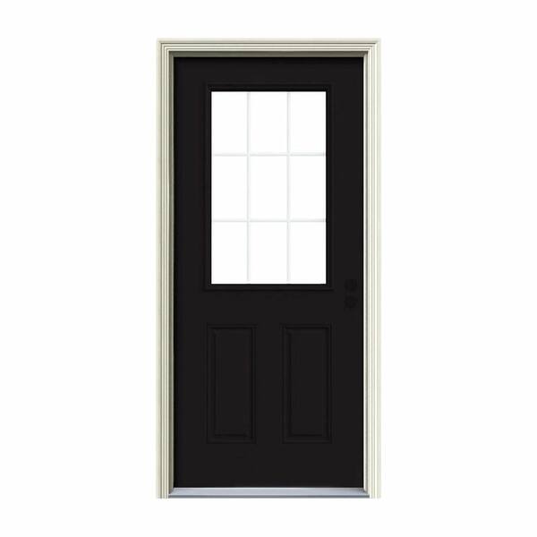 JELD-WEN 34 in. x 80 in. 9 Lite Black Painted Steel Prehung Left-Hand Inswing Entry Door w/Brickmould