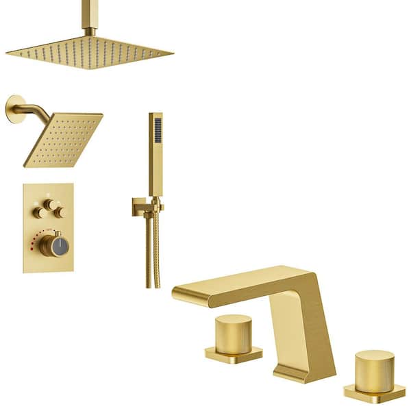 YAWWALK 7-Spray 12 in. Wall Mount Dual Shower Head and 8 in. Widespread Basin Faucet 1.8 GPM in Brushed Gold