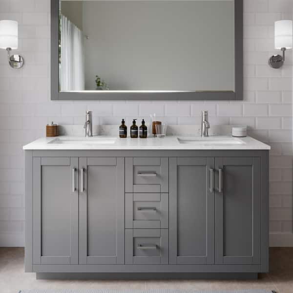 Wyndham Collection Miranda 60 in. W Double Bath Vanity in Dark Gray with Cultured Marble Vanity Top in Light-Vein Carrara with White Basins