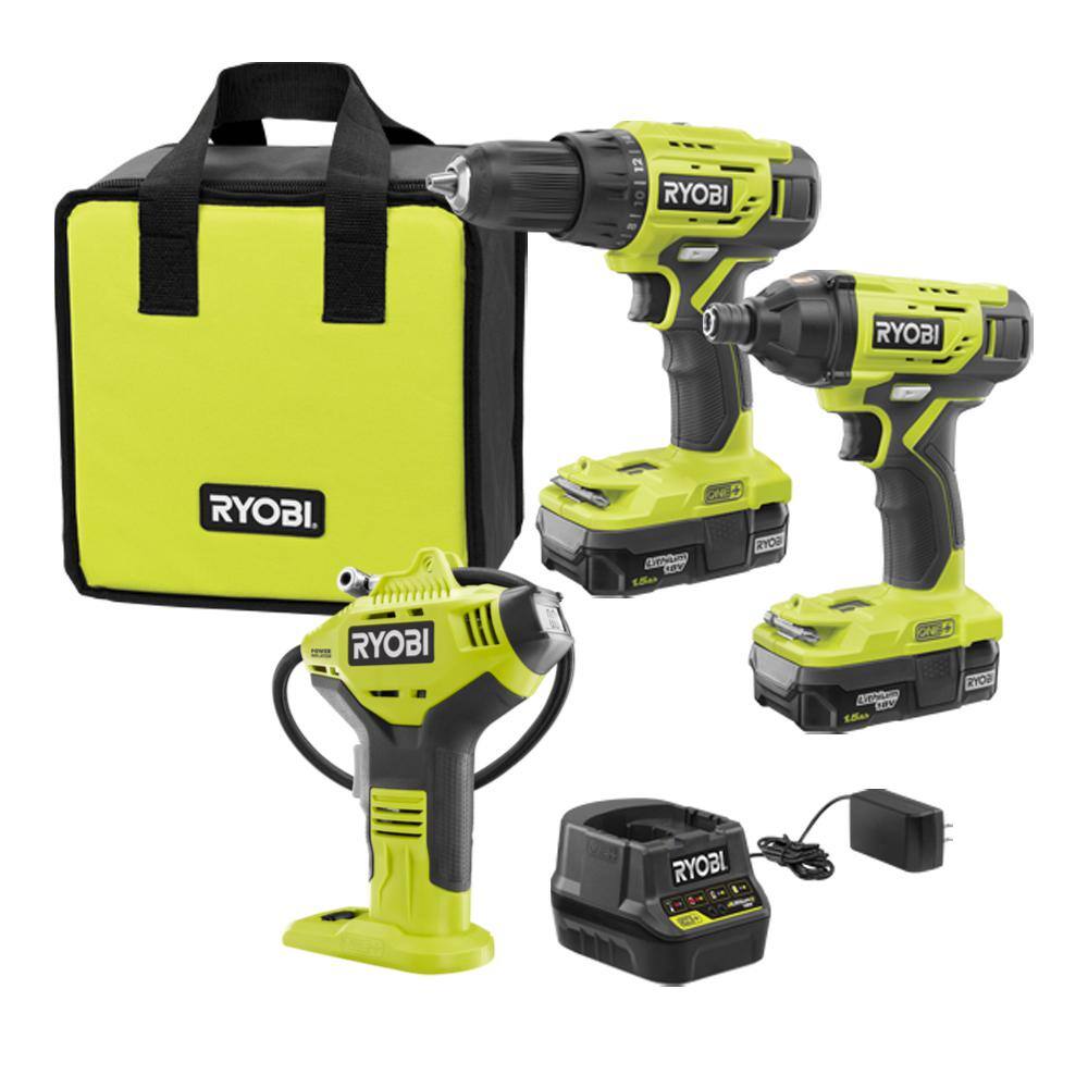 RYOBI ONE+ 18Volt Cordless 2Tool Combo Kit with Digital Inflator, (2